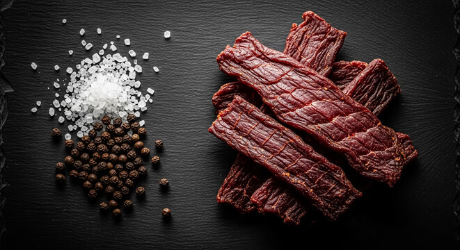 Delicious strips of savory beef jerky seasoned with coarse sea salt and whole black peppercorns arranged neatly on a dark textured stone background captured in high resolution top down view.