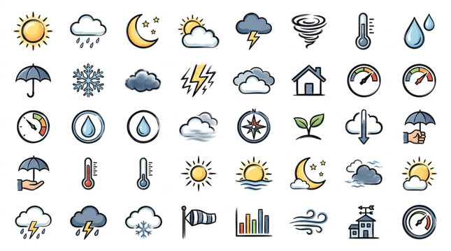 Collection of Weather Icons and Symbols for Forecasting.