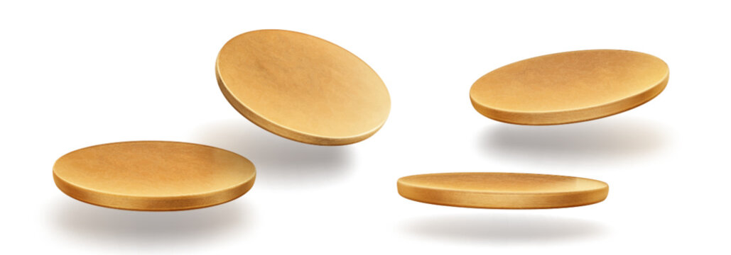 Wooden round podium or plates with realistic wood texture. 3D vector illustrations on white background, circular platforms for product display, different angles of view, kitchen food presentation