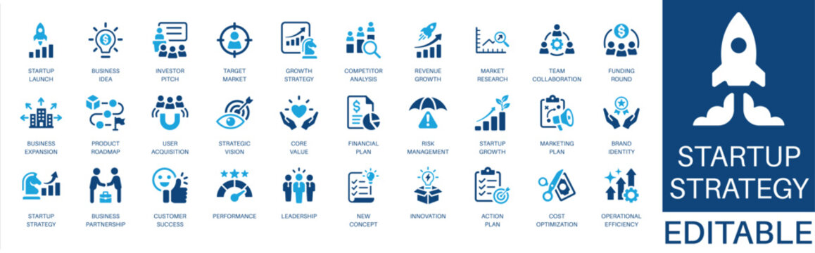 Startup strategy and growth solid icon set. Featuring startup launch, business idea, investor pitch, market research, and growth strategy. Editable vector glyphs for corporate planning.