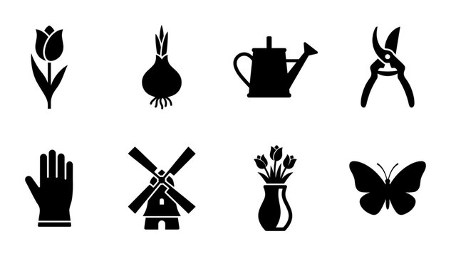 Gardening Icons Set: Tulip, Onion, Watering Can, Pruners, Glove, Windmill, Vase, Butterfly Vector Graphics