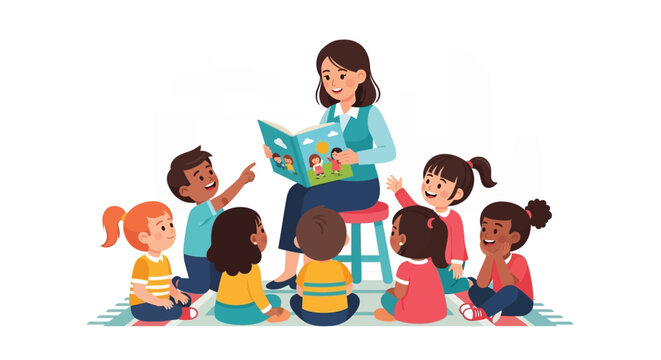 Teacher reading to a group of children colorful vector illustration silhouette children classroom education learning students instructor pedagogue tutor storytelling