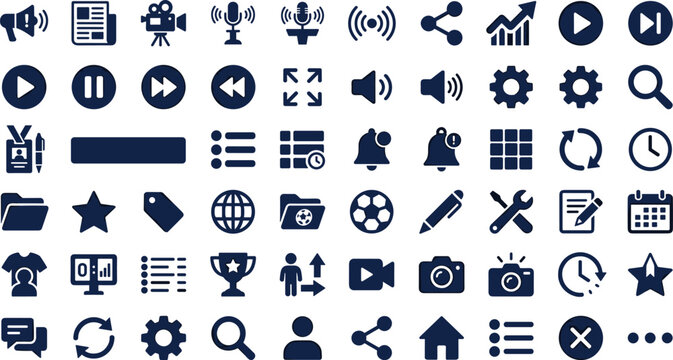 Multimedia and social media interface flat icons set with play buttons volume settings search share camera and website navigation symbols vector illustration