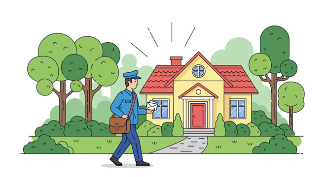 Vector illustration of a house postman and trees with a flat colorful silhouette house home dwelling residence building postman mailman