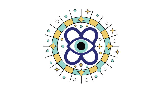 Beautiful mystical mandala design featuring a dark blue evil eye motif surrounded by gold stars and patterns.