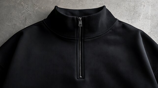 Close up of a black quarter zip pullover sweatshirt with metallic zipper detail