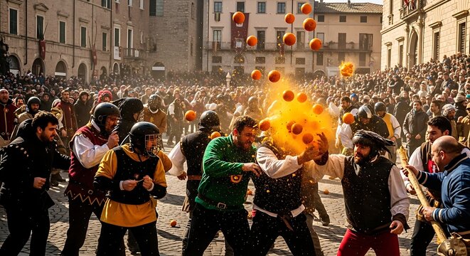 A chaotic scene of a large crowd of people in period attire throwing orange balls