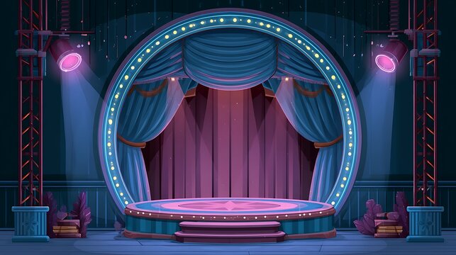 Empty circus or theater stage with blue curtains and spotlights