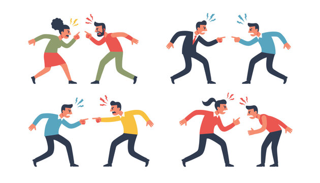 Set of four couples engaging in heated arguments and finger-pointing gestures showing relationship conflicts.