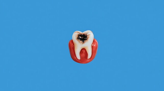 Dental model of a decaying tooth with caries isolated on a solid blue background