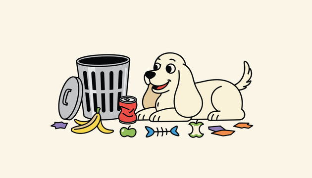 Cute dog lying next to open trash can with spilled garbage including banana peel, apple core, and crumpled can.