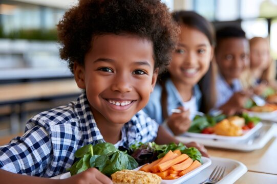 Smiling students enjoying healthy lunch in school cafeteria