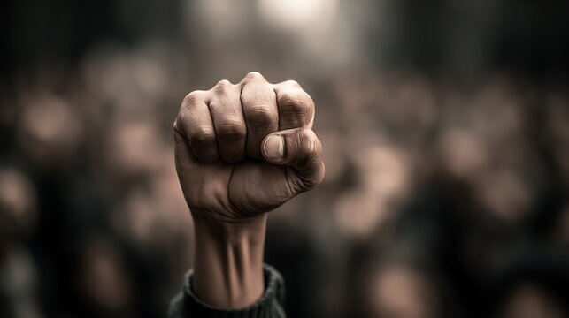 Raised fist of protest against a blurred crowd