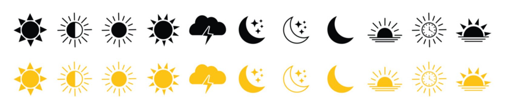 Sun and moon icon vector day and night icon set. dark and light mode icons. Weather flat icons set. Parts of the Day Morning, Afternoon, Noon, Evening ,Night Icons. Sunset and Night Icons.