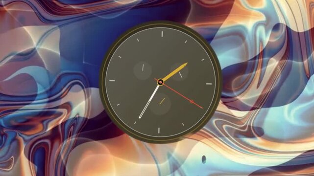 Analog wall clock with rotating hands over abstract liquid color motion
