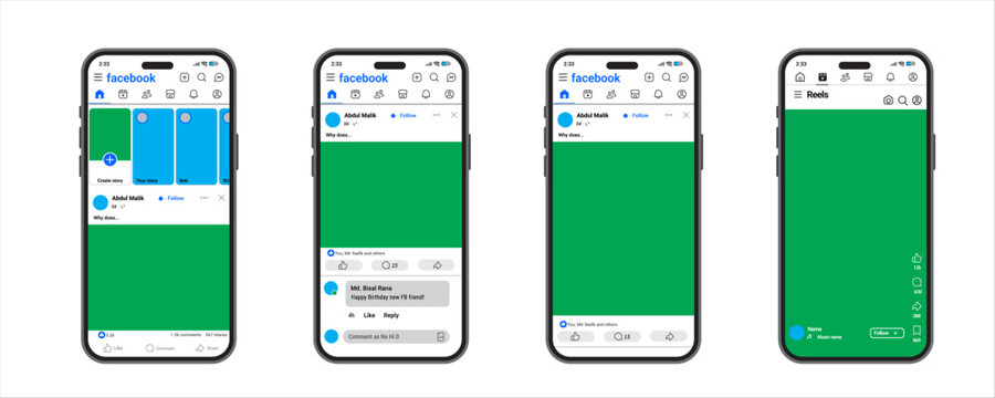Facebook apps interface mockup. Smartphone facebook application interface template. Vector illustration of social media apps.