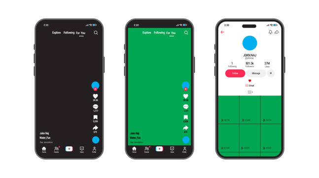 TikTok application interface mockup. Smartphone tiktok apps interface template. Vector illustration of social media apps.