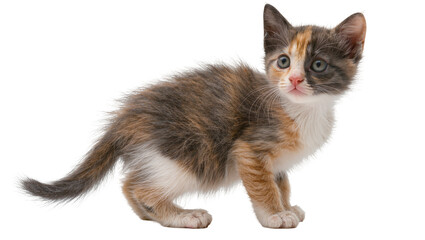 Fototapeta premium Calico kitten with fluffy fur and blue eyes looking sideways