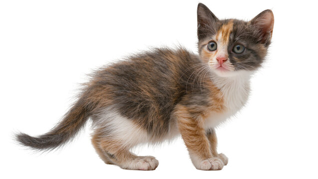 Calico kitten with fluffy fur and blue eyes looking sideways