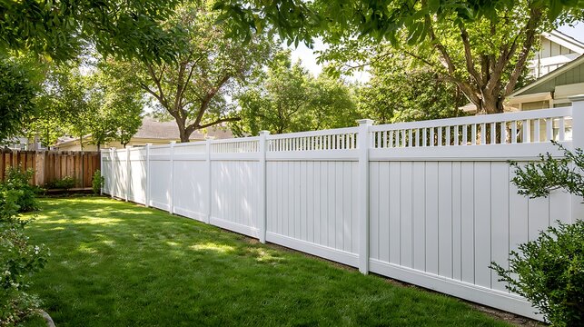 New white vinyl privacy fence installed in a residential backyard
