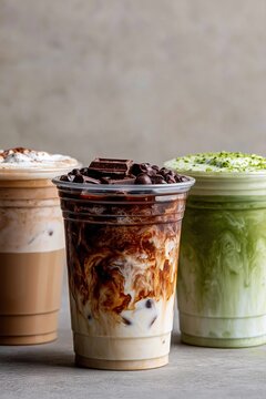 Three different iced coffee drinks including chocolate mocha milk latte and green matcha latte in plastic takeaway cups standing on gray textured table ready to serve