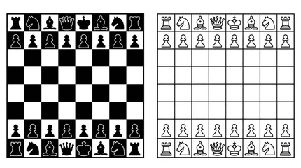 Chessboard And Pieces Black And White Vector Illustration © Design Bari
