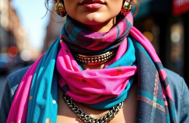 Obraz premium Woman wearing layered colorful scarves and bold necklaces on a sunny city street