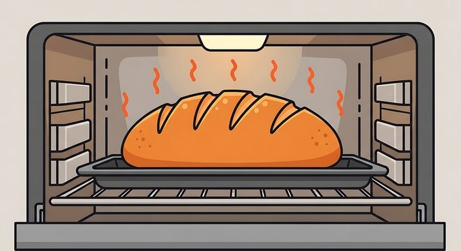 A cartoon illustration of a golden-brown loaf of bread on a baking sheet inside an oven with heating elements