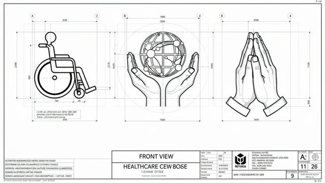 wheelchair accessibility symbols in blueprint style with globe and hands illustrations for healthcare infrastructure