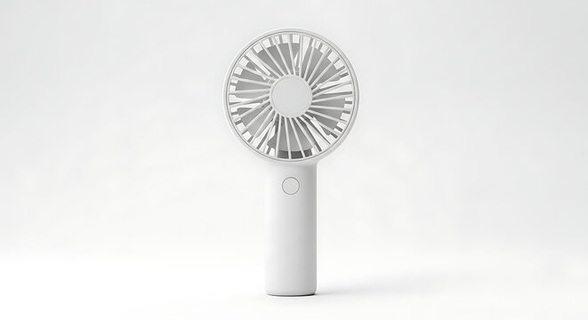 White portable handheld mini fan isolated on a plain white background, modern electric personal cooling device for summer heat relief and travel comfort.
