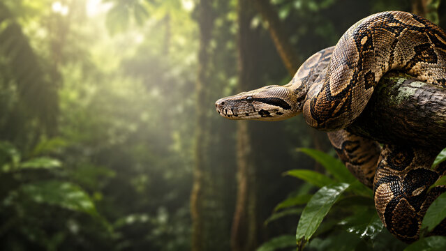 Large patterned boa constrictor resting on a jungle tree branch