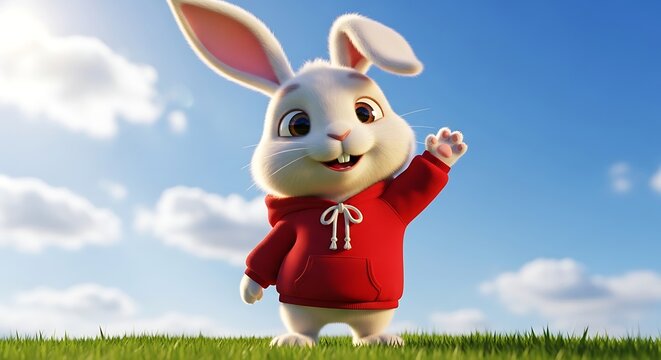 A cheerful cartoon rabbit wearing a red hoodie stands on green grass