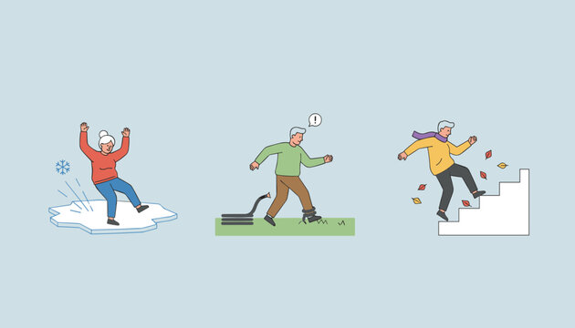 Injury prevention scenes show elderly people slipping on winter ice, tripping over hose, and falling down stairs.