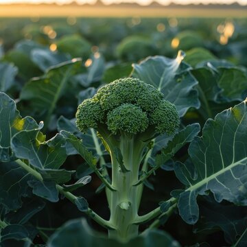 Vibrant green broccoli florets ready for harvest in a vast agricultural field under soft golden early morning sunlight, crop, floret, summertime
