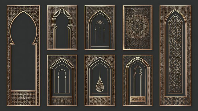 Set of luxury Islamic style arch frames with golden geometric patterns