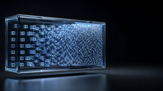 Abstract rectangular prism block with glowing blue digital data particles and network connectivity flow overload technology abstract particles information connectivity