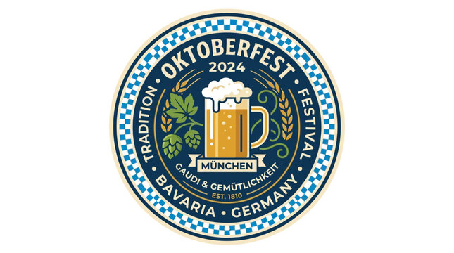 Oktoberfest 2024 Celebration Badge Featuring Beer Mug and Bavarian Traditions in Classic Round Logo Design Template for Seasonal Folk Festival Event Graphics