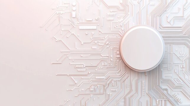 Abstract tech background, white on white, with circuit board and central round feature