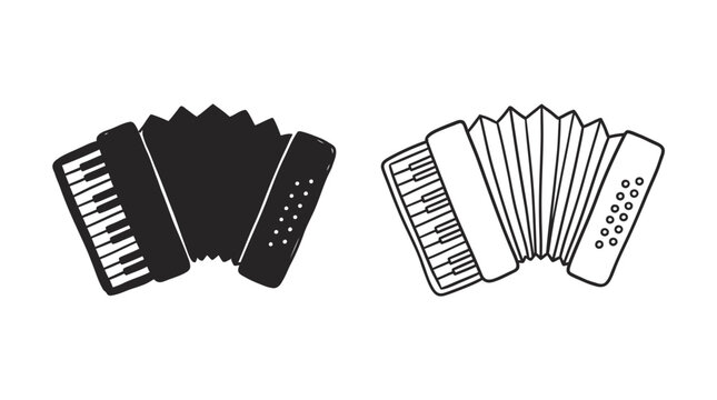 Accordion Instrument Black And White Line Art Silhouette On White Background