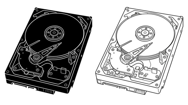 Hard disk drive components line art illustration on white background