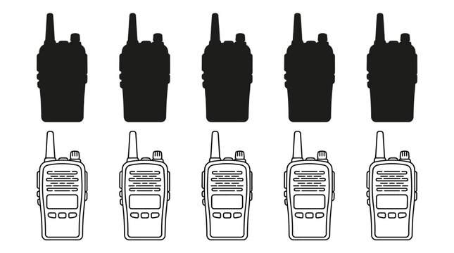 Two way radios black silhouettes and line art on a white background