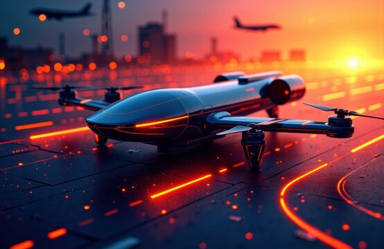 Futuristic drone on illuminated runway at sunset with distant airplanes, giga