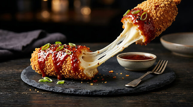 Korean corn dog with stretchy mozzarella cheese pull and sauce