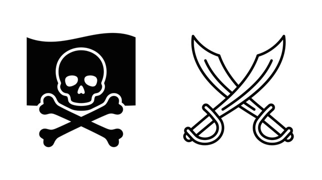 Pirate Flag And Crossed Swords Black And White Line Art