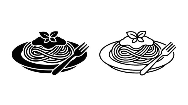 Spaghetti with fork and knife black and white line illustration