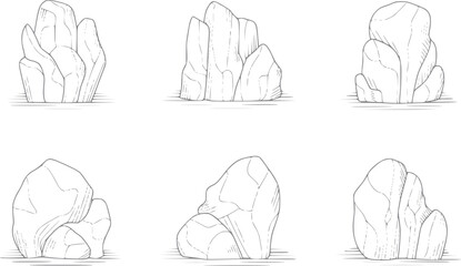 Collection of six hand-drawn rock formations in a style © Omar