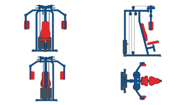 Pec deck machine fitness equipment with front side rear and top views vector illustration