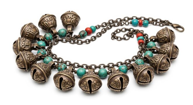 Antique Tribal Sterling Silver Bell Anklet With Turquoise  Coral Beads