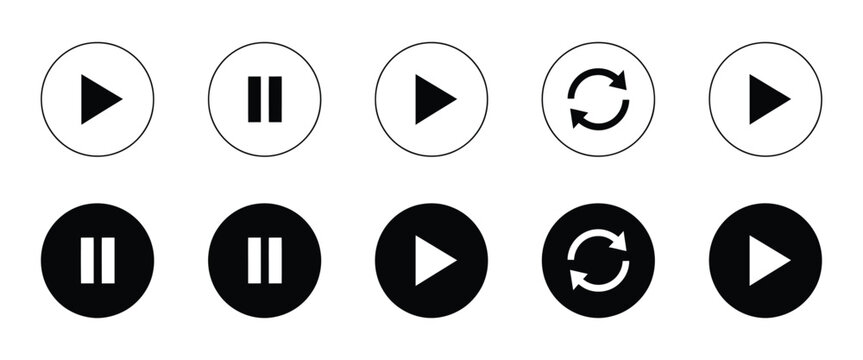 Media control icons set, playback buttons play pause skip replay track navigation symbols for web and mobile UI interface design.