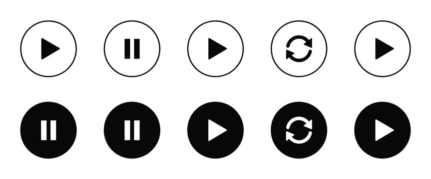 Media control icons set, playback buttons play pause skip replay track navigation symbols for web and mobile UI interface design.